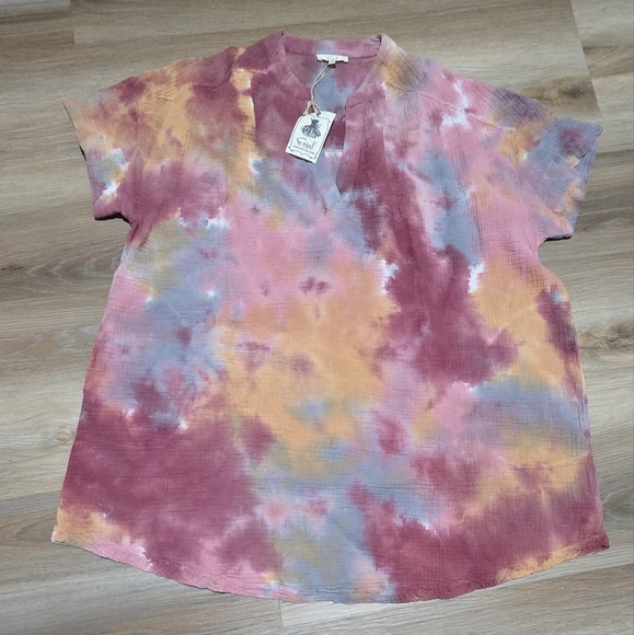 NWT Easel Gauze Tie-Dye Boho Lagenlook Longline Shirt Dress Size L - Picture 1 of 10